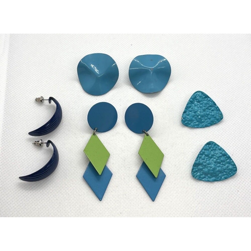 Vintage Lot of 4 Pairs Blue Green Pierced Earrings 80s 90s Geometric Statement